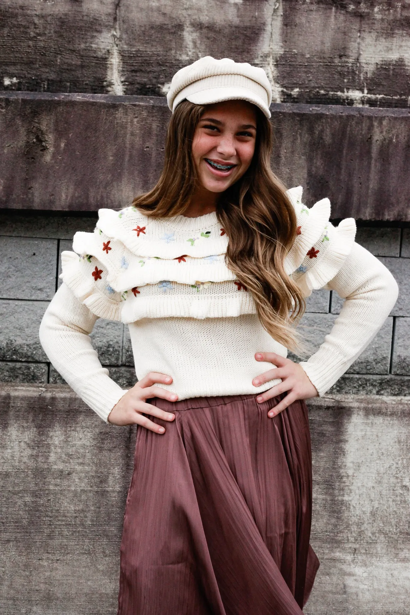 Falyn Embroidered Ruffle Knit Sweater