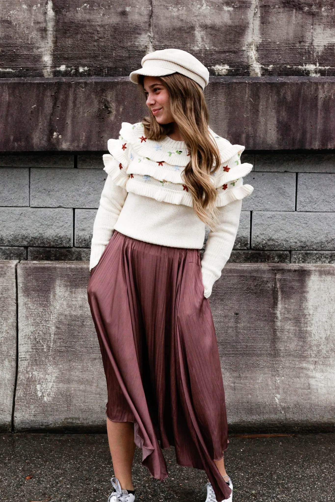 Falyn Embroidered Ruffle Knit Sweater