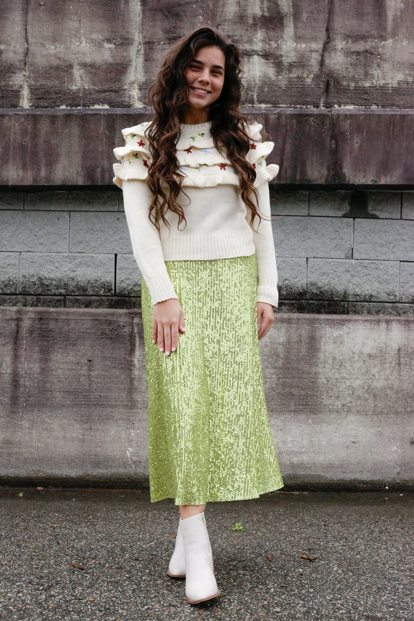 Falyn Embroidered Ruffle Knit Sweater