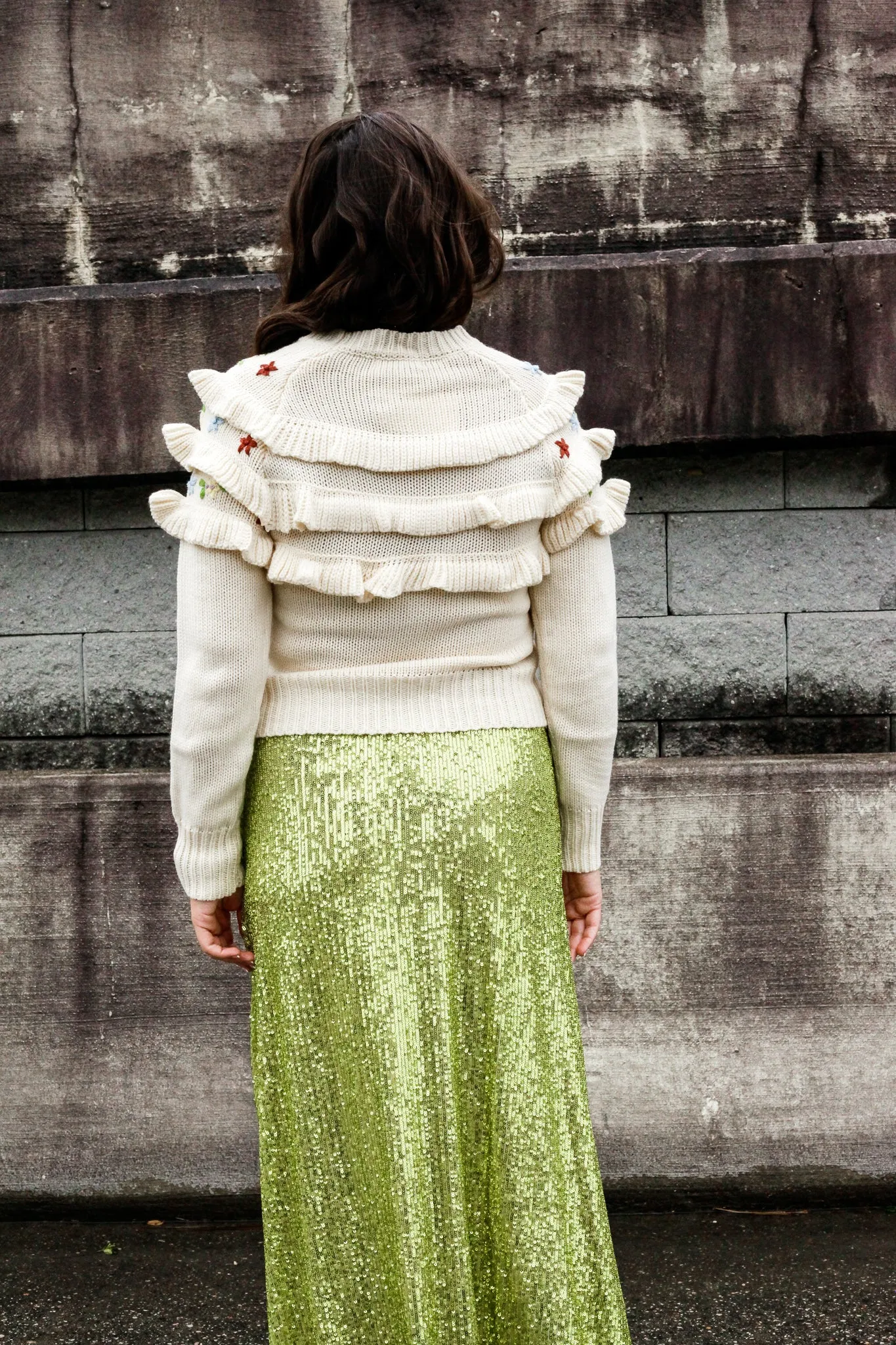 Falyn Embroidered Ruffle Knit Sweater