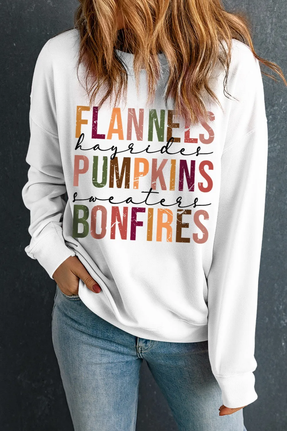 Flannels, Pumpkins and Bonfires Graphic Round Neck Long Sleeve Sweatshirt