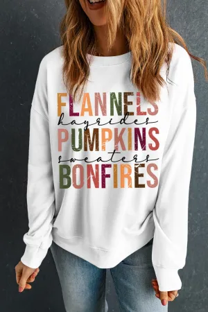Flannels, Pumpkins and Bonfires Graphic Round Neck Long Sleeve Sweatshirt