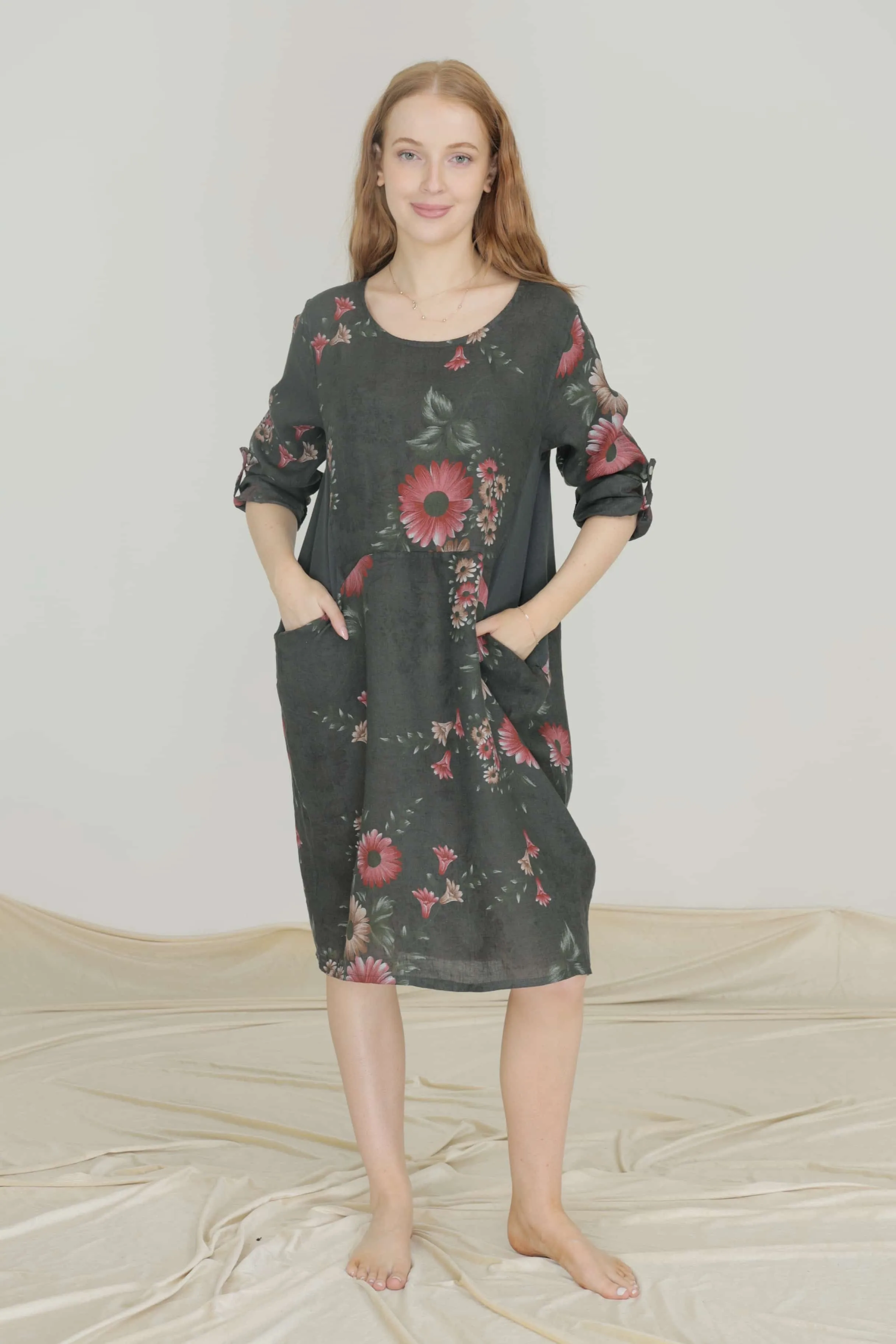 Floral Linen Mid Length Dress