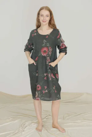 Floral Linen Mid Length Dress
