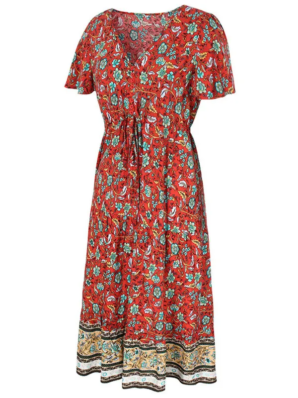 Floral Print Slim-Fit Dress with V-Neck and Short Sleeves