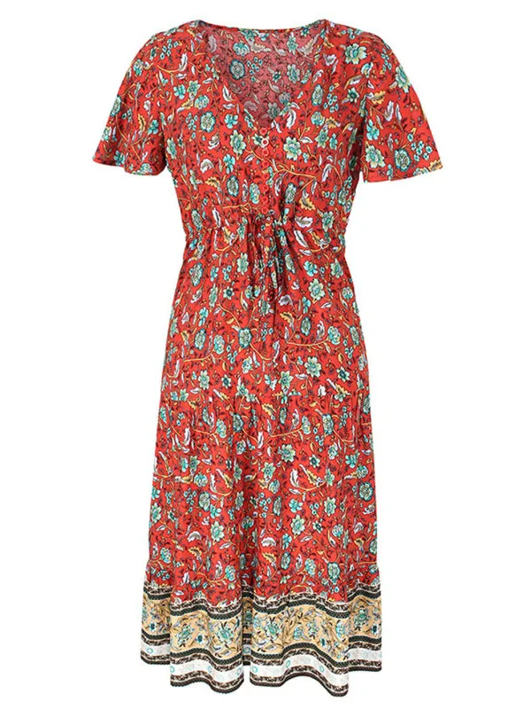 Floral Print Slim-Fit Dress with V-Neck and Short Sleeves