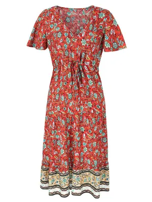 Floral Print Slim-Fit Dress with V-Neck and Short Sleeves