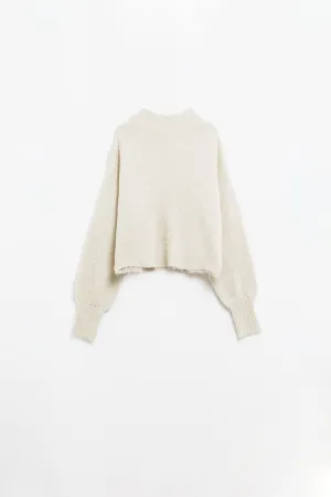 Fluffy beige sweater with high neck and balloon sleeves