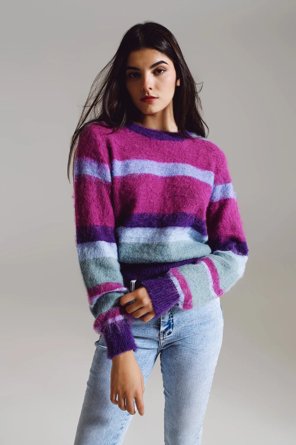 Fluffy Stripy Sweater in Shades of Purple Blue and White