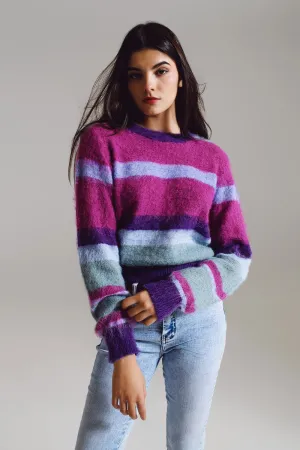 Fluffy Stripy Sweater in Shades of Purple Blue and White