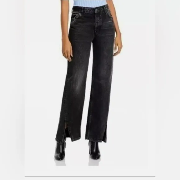 Free People We The Free High Rise Wide Straight Leg Jeans  Slit Hem Sz 28