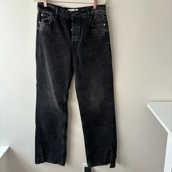 Free People We The Free High Rise Wide Straight Leg Jeans  Slit Hem Sz 28