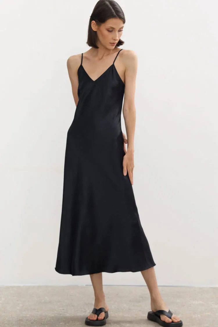 French Chic V Neck Spaghetti Strap Satin Slip Midi Dress - Black
