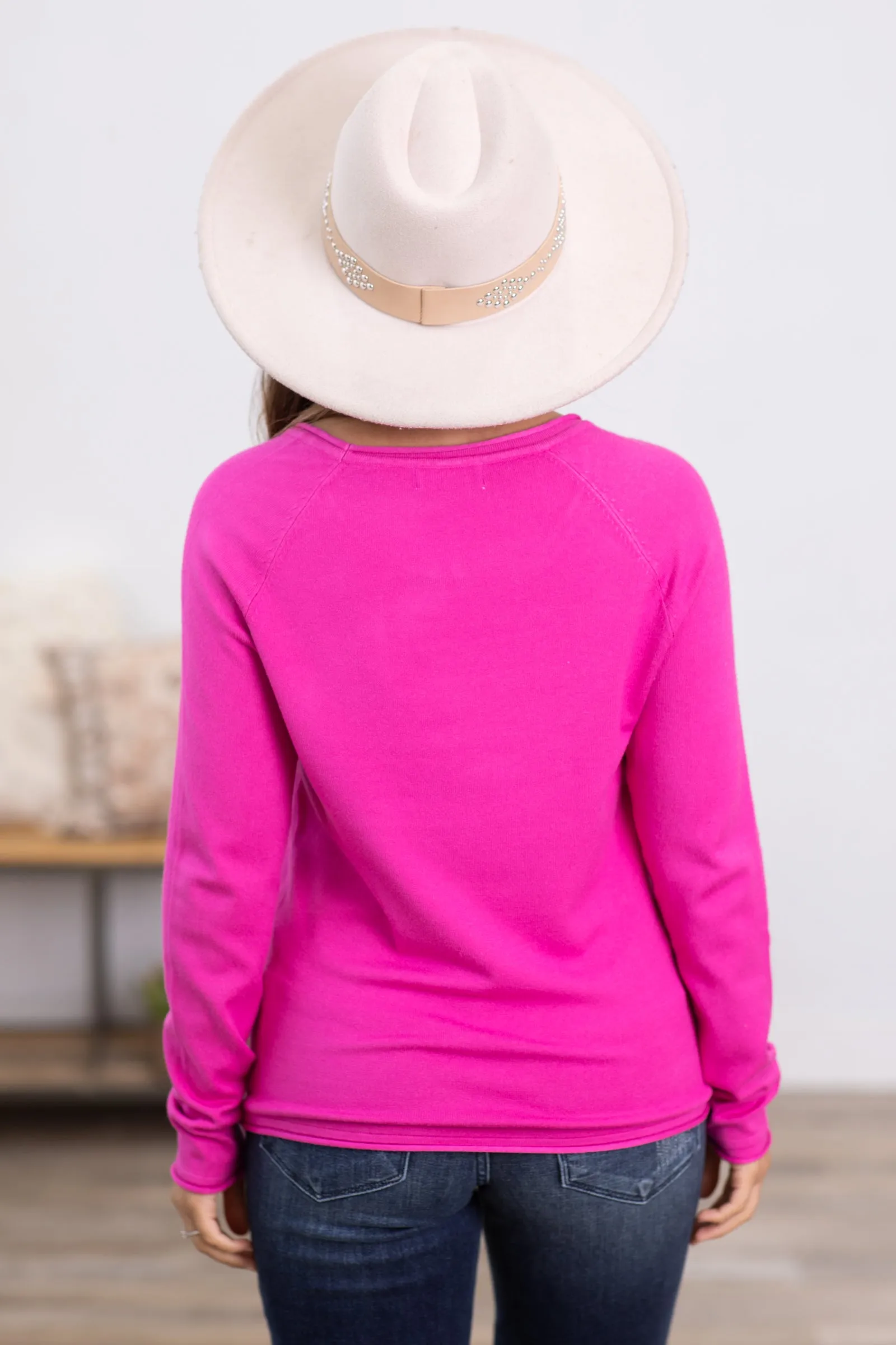 Fuchsia Round Neck Basic Sweater