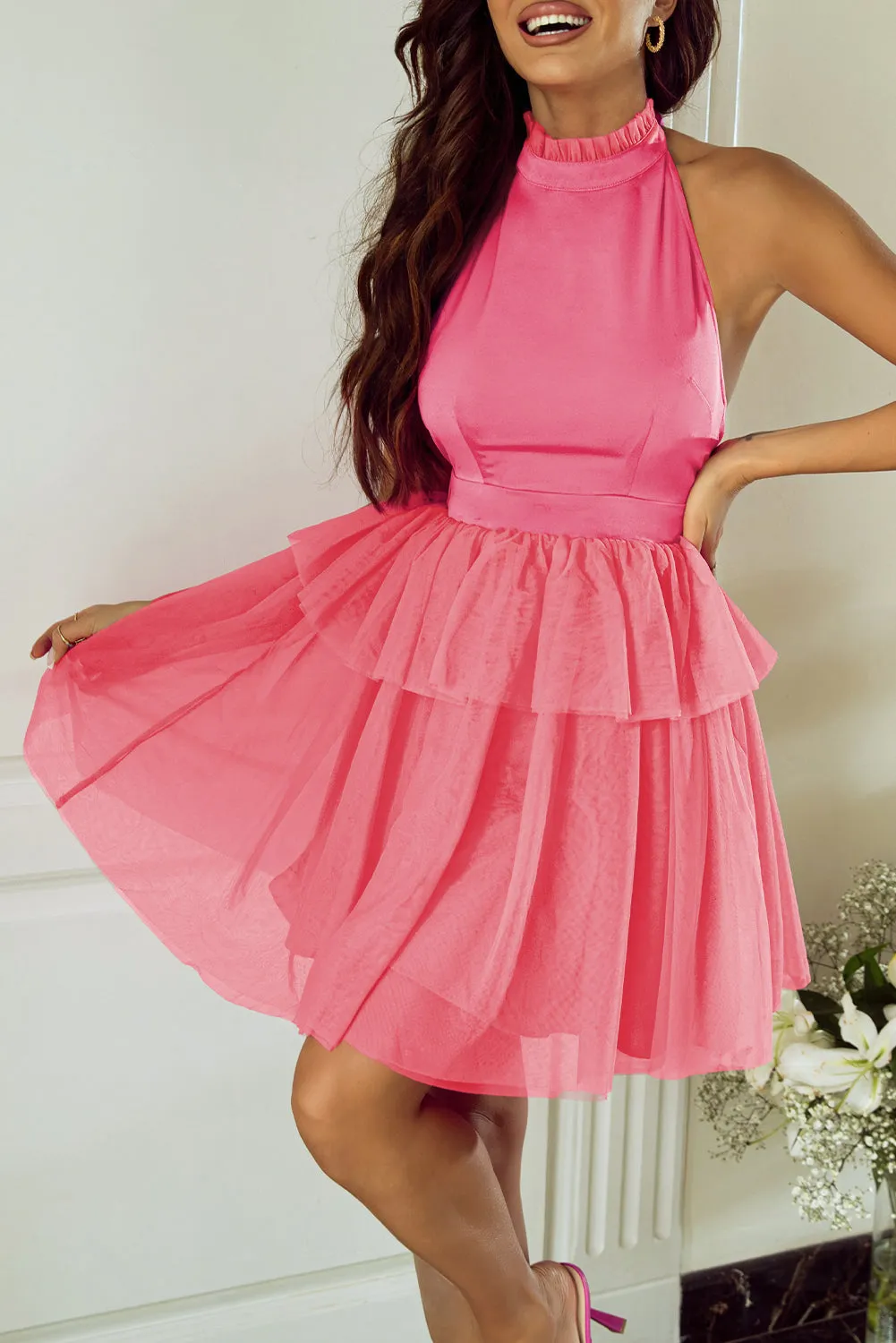 Gauze Ruffle Tiered Halter Dress