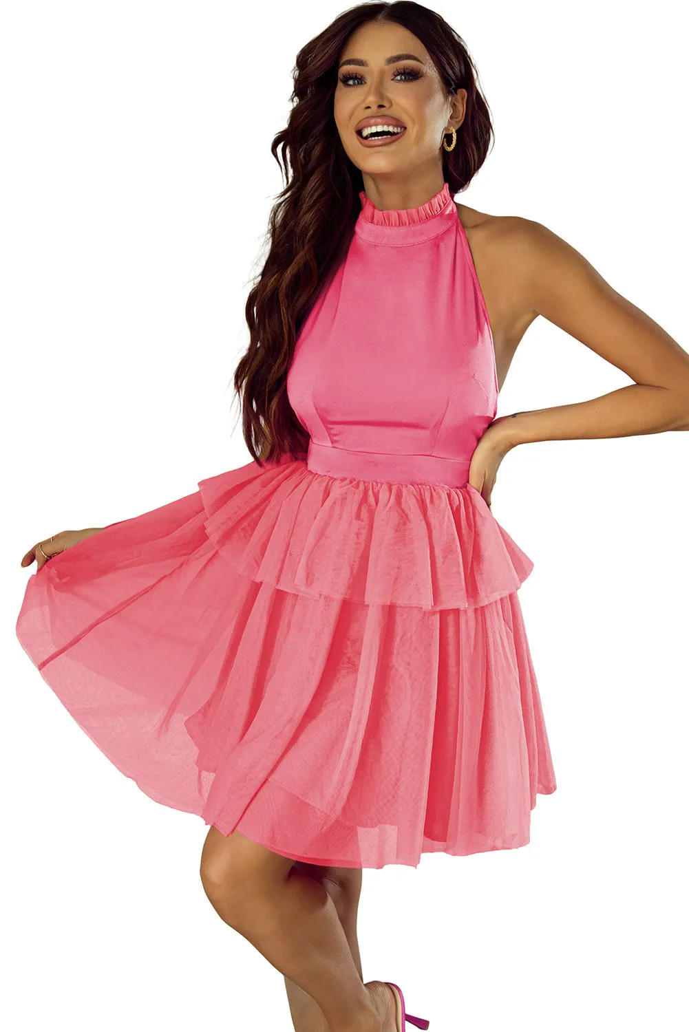 Gauze Ruffle Tiered Halter Dress