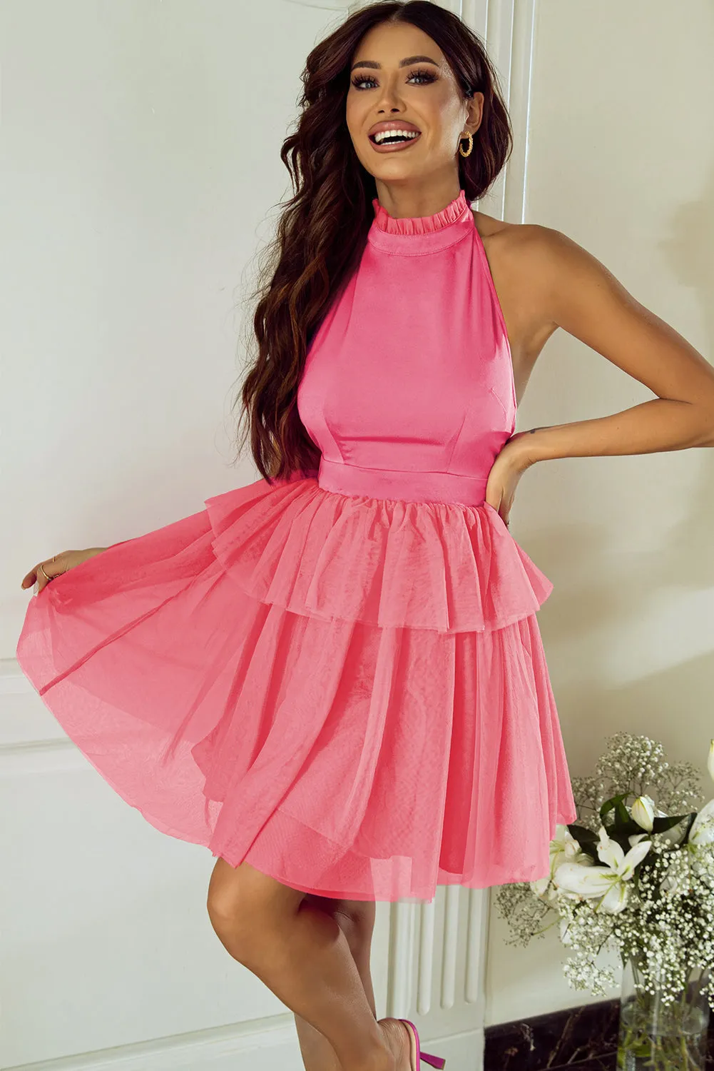 Gauze Ruffle Tiered Halter Dress