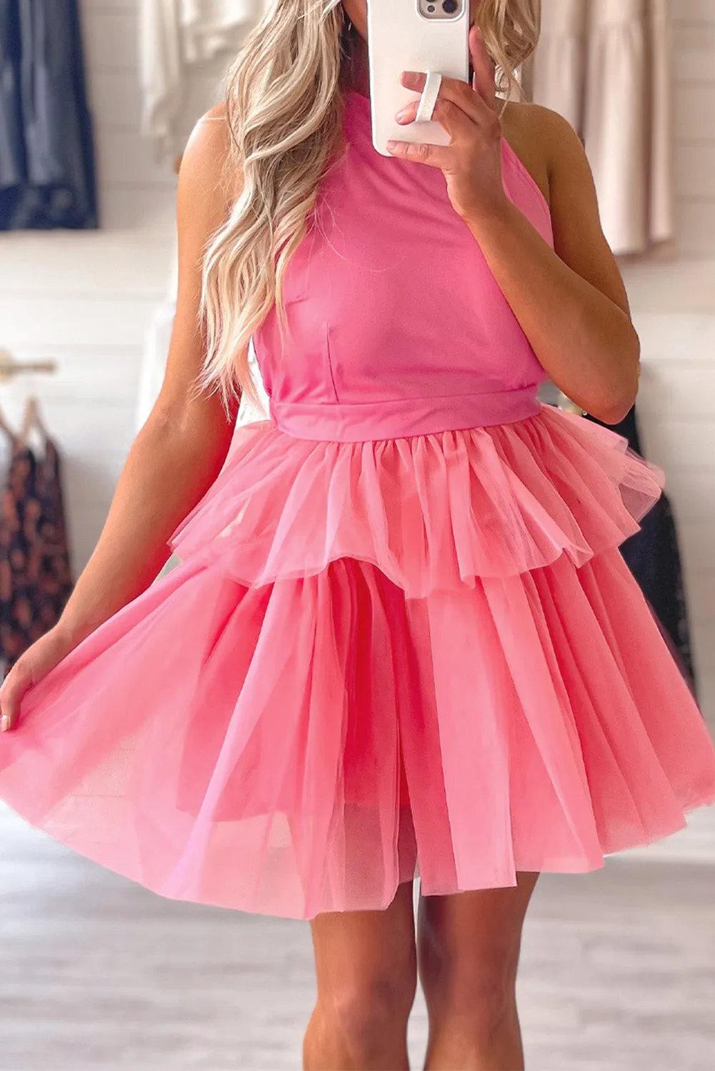 Gauze Ruffle Tiered Halter Dress