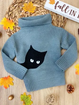 Girls Chunky Cat Knit Turtle Neck Sweater