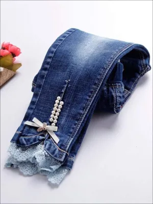 Girls Pearl Embellished Lace Trimmed Skinny Jeans