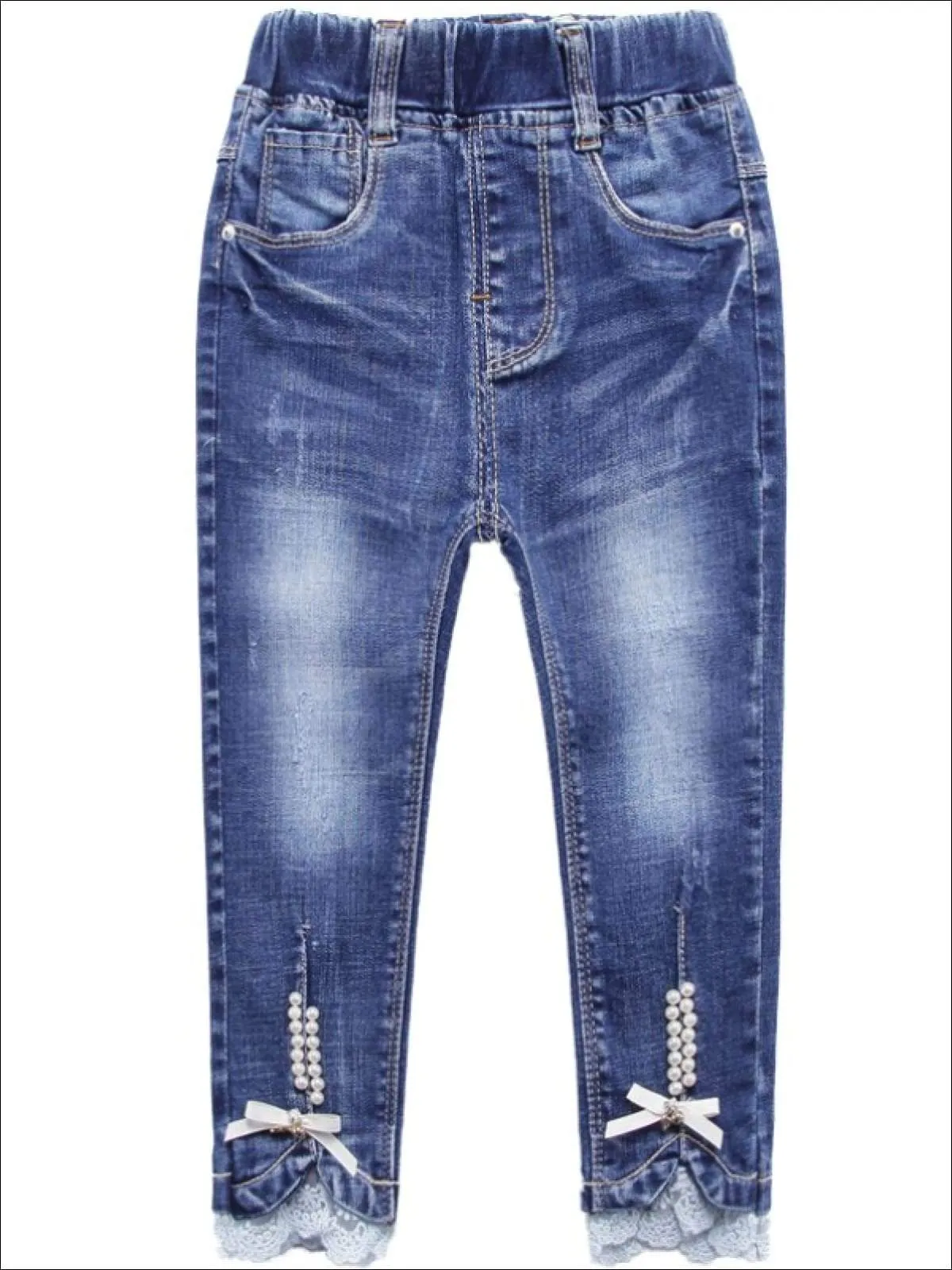 Girls Pearl Embellished Lace Trimmed Skinny Jeans