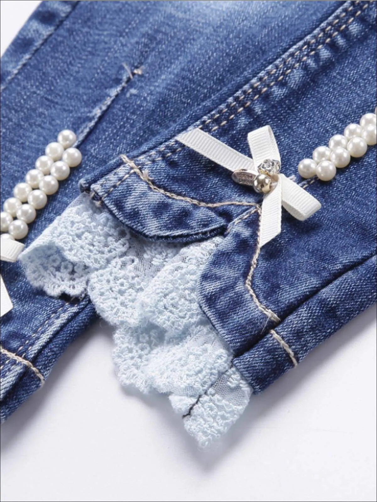 Girls Pearl Embellished Lace Trimmed Skinny Jeans