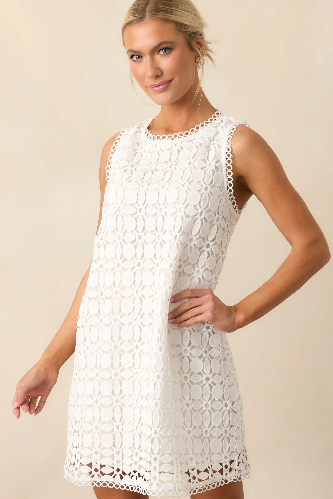 Go Your Own Way White Embroidered Eyelet Mini Shift Dress