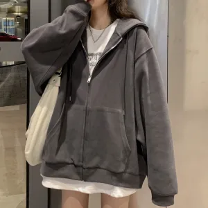 Harajuku Solid Color Zip Up Oversized Sweatshirts