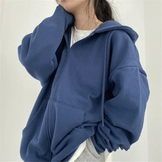 Harajuku Solid Color Zip Up Oversized Sweatshirts