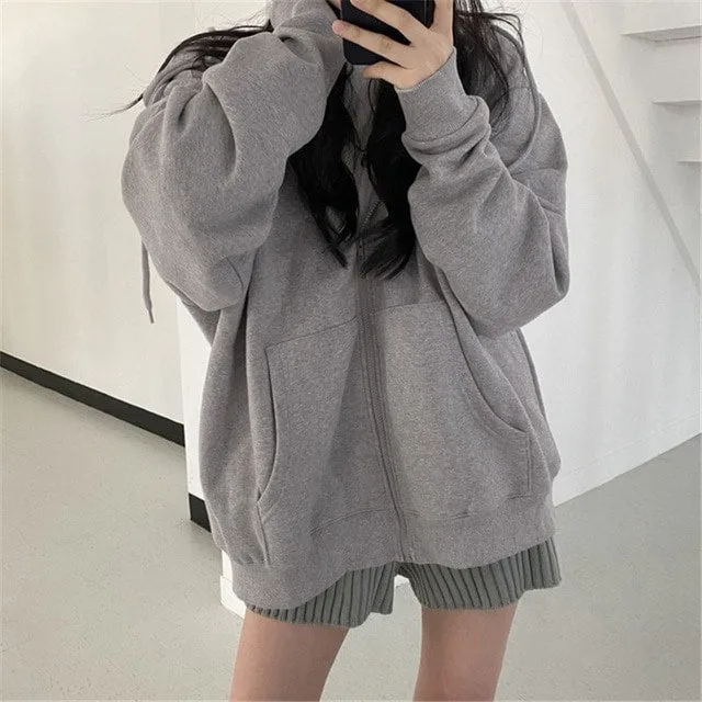 Harajuku Solid Color Zip Up Oversized Sweatshirts