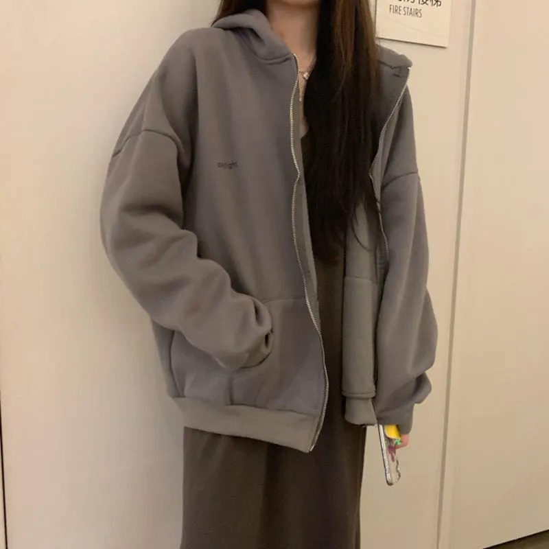 Harajuku Solid Color Zip Up Oversized Sweatshirts