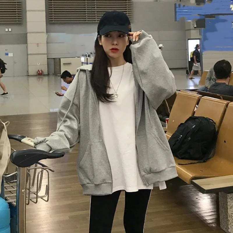 Harajuku Solid Color Zip Up Oversized Sweatshirts