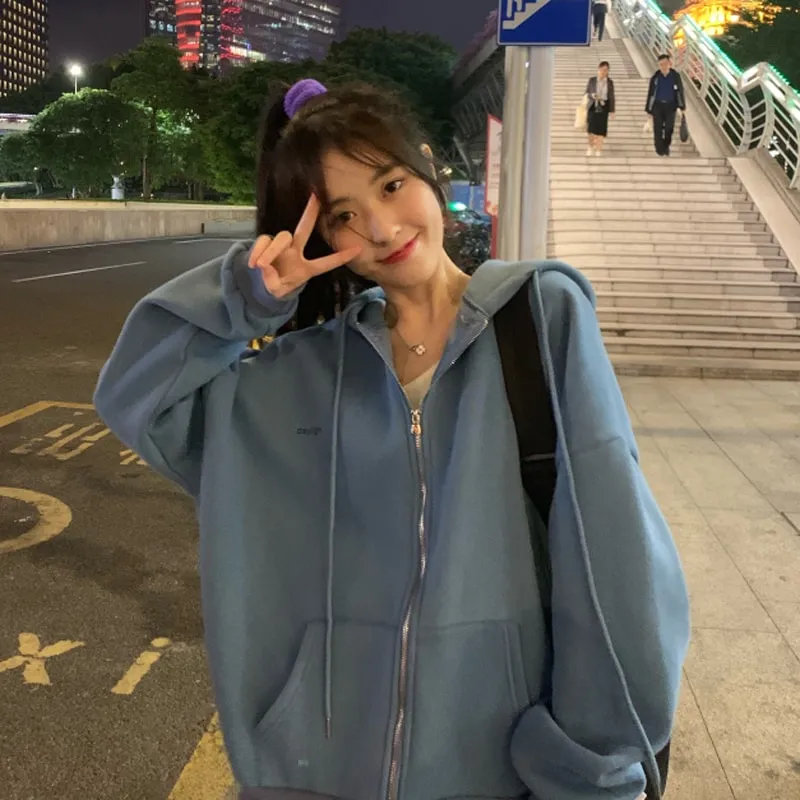 Harajuku Solid Color Zip Up Oversized Sweatshirts