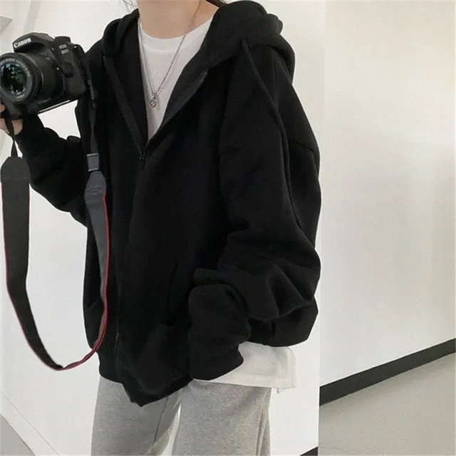 Harajuku Solid Color Zip Up Oversized Sweatshirts