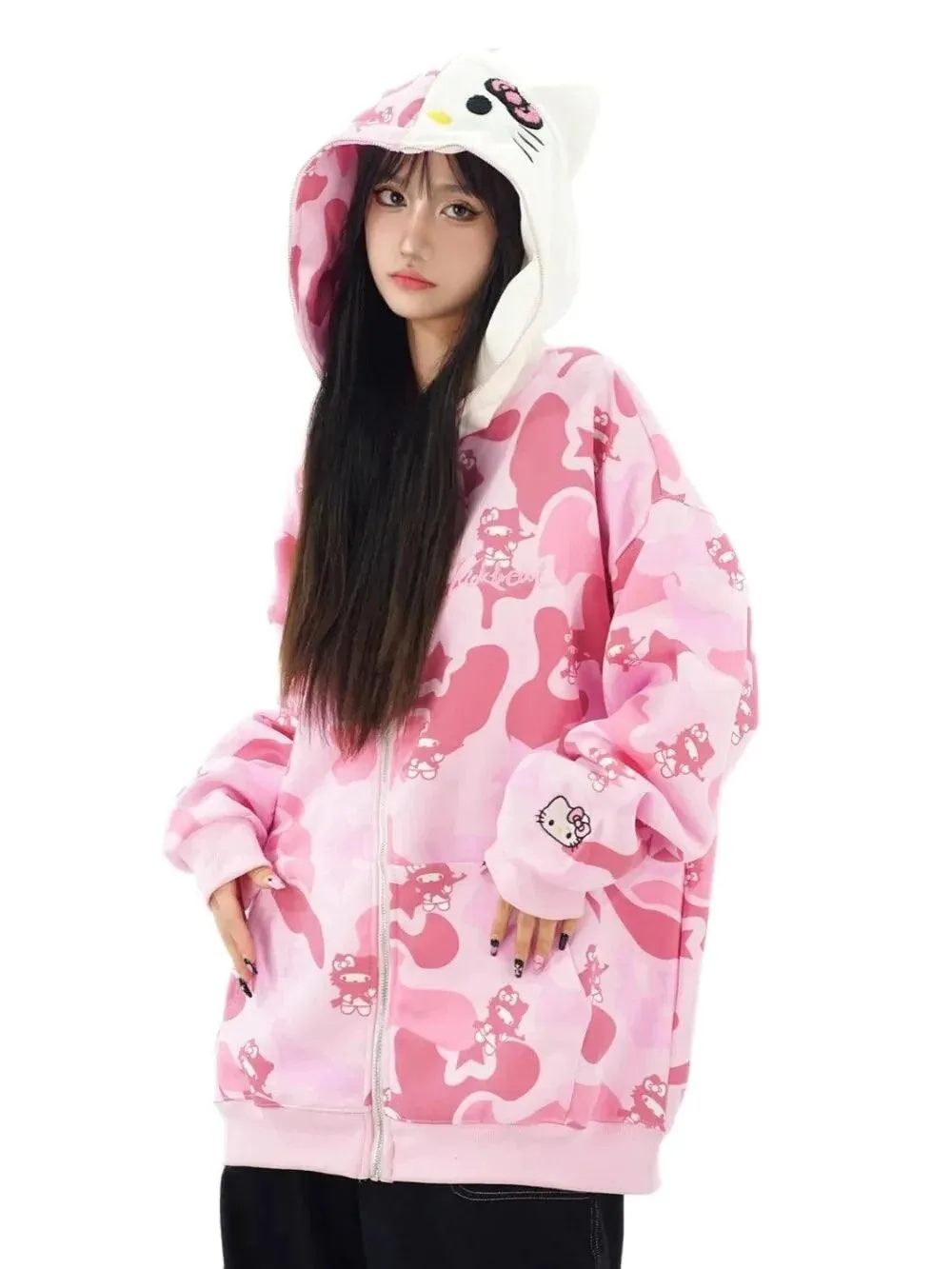 Hello Kitty Camouflage Hoodies Oversized Jacket