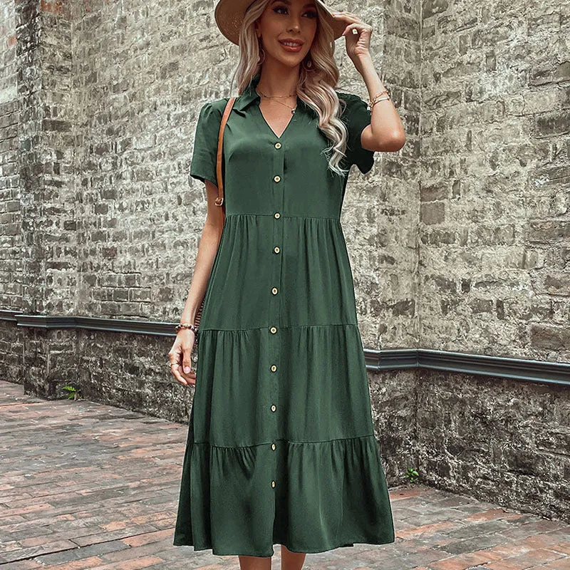 Hepburn Style Mid-Length Dress with Button-Down Front and Tiered Skirt