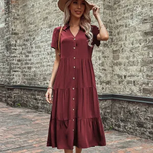 Hepburn Style Mid-Length Dress with Button-Down Front and Tiered Skirt