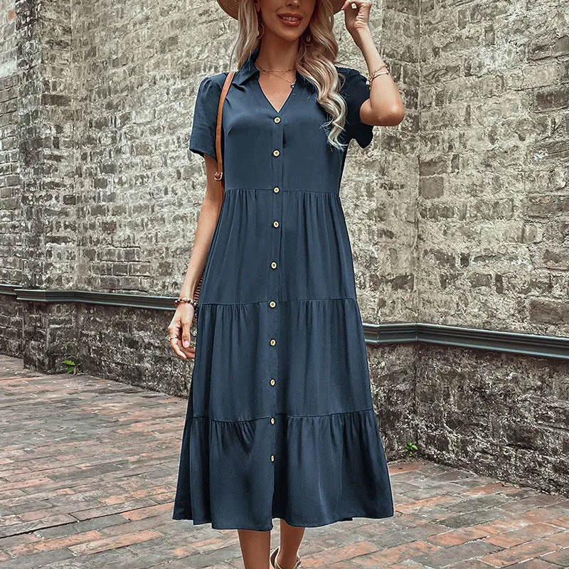 Hepburn Style Mid-Length Dress with Button-Down Front and Tiered Skirt