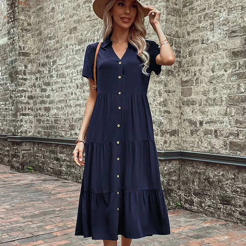 Hepburn Style Mid-Length Dress with Button-Down Front and Tiered Skirt