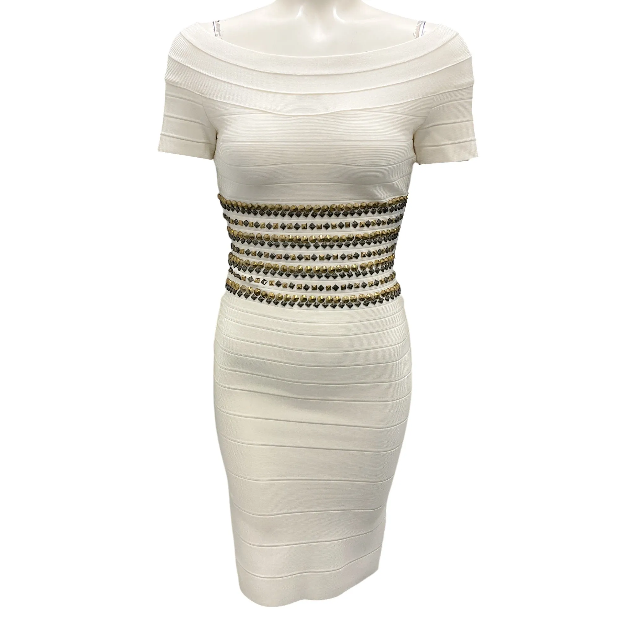 Herve Leger Alabaster Carmen Studded Bandage Dress