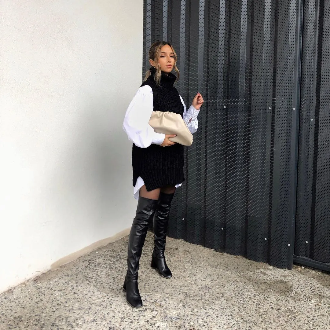 High Heap Collar Knit Vest Sweaters Black