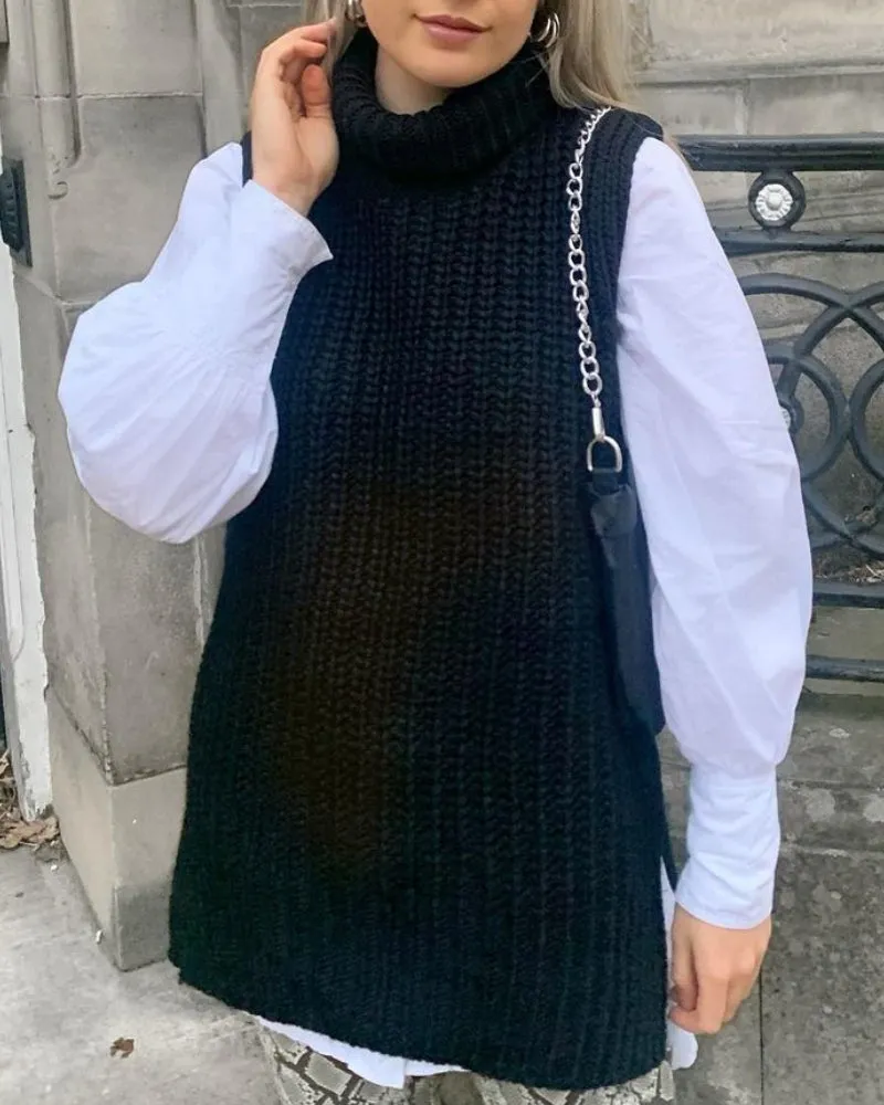 High Heap Collar Knit Vest Sweaters Black