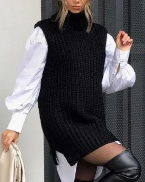 High Heap Collar Knit Vest Sweaters Black