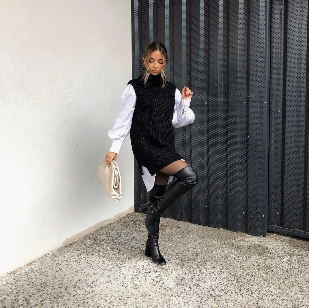 High Heap Collar Knit Vest Sweaters Black