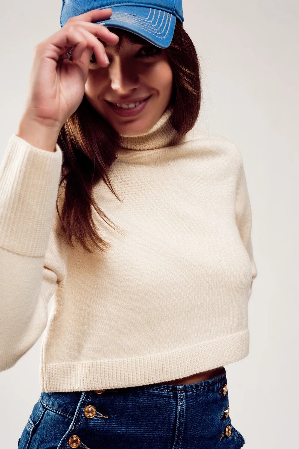 High neck cropped jumper in cream