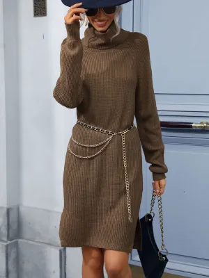 High Neck Ribbed Knit Sweater Dress with Long Sleeves