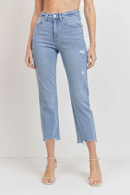 HIGH RISE STRAIGHT JEANS WITH HEM DETAIL