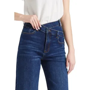 High-Waisted Crossover Straight Leg Jeans | Stretch & Cuffed Denim