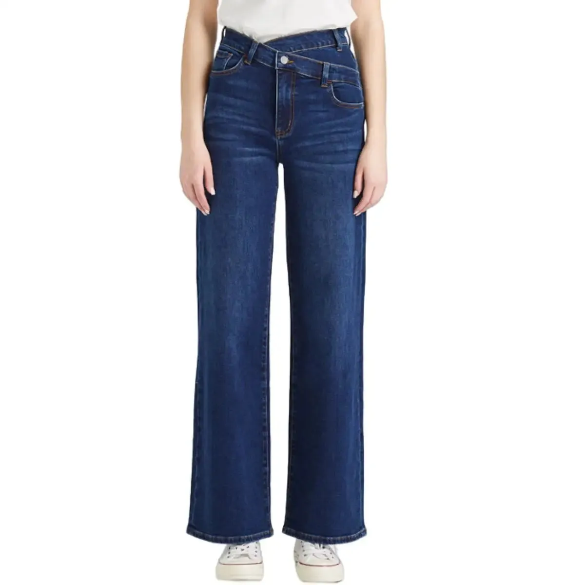 High-Waisted Crossover Straight Leg Jeans | Stretch & Cuffed Denim