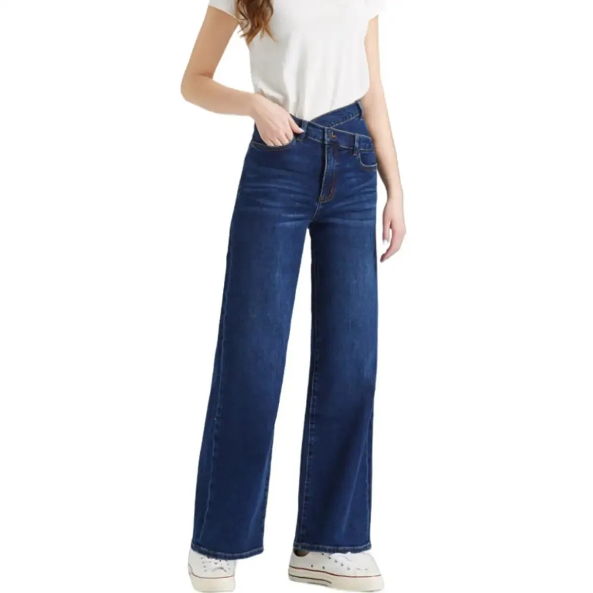 High-Waisted Crossover Straight Leg Jeans | Stretch & Cuffed Denim